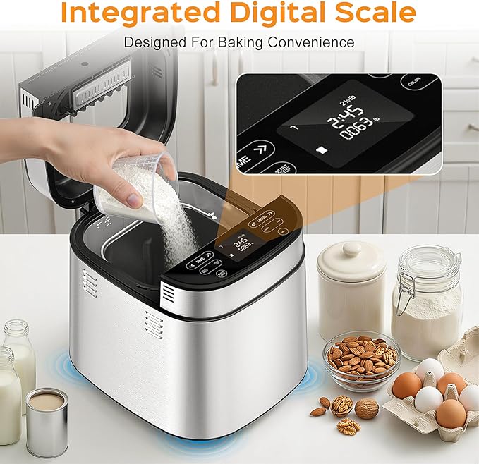 2.5LB Bread Maker with Built-in Electronic Scale, 25-in-1 Bread Machine, Beginner-Friendly with Adjustable Baking & Fermentation, Non-Stick Easy-Clean Pan, Quiet, 15H Delay, Recipes, White