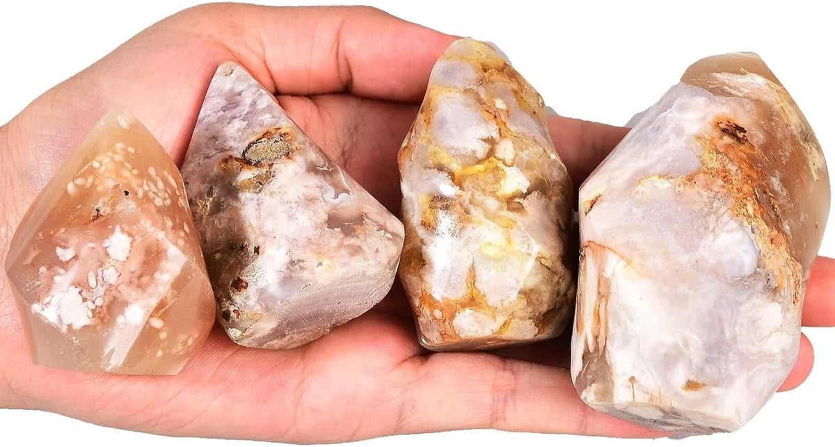 AMOYSTONE Cherry Blossom Agate Flame Shaped Stone Towers Obelisk Flower Agate Natural Healing Crystal Quartz Reiki Energy Decoration Home Office Small 1.0LBS