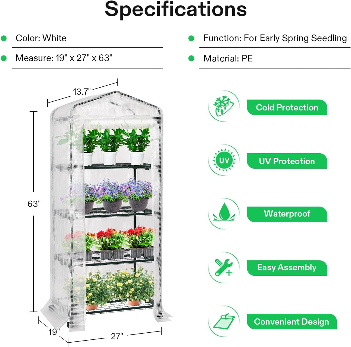 VIVOSUN Mini 4-Tier Greenhouse with Wheels, 27 x 19 x 63-Inch Reusable Portable Warm House with White PE Cover and Shelf for Compact Garden and Small Backyards, with Wheels