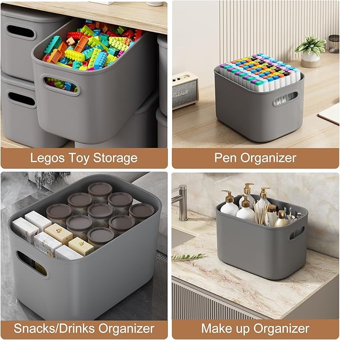 ORGIDOL 8 Pack Dark Grey Storage Bins with Lids Stackable Storage Container for Organizing, Storage Boxes with Handle for Shelves, Cute Organizer Bins for Craft, Snacks, 9.85x6.9x5.7 inch