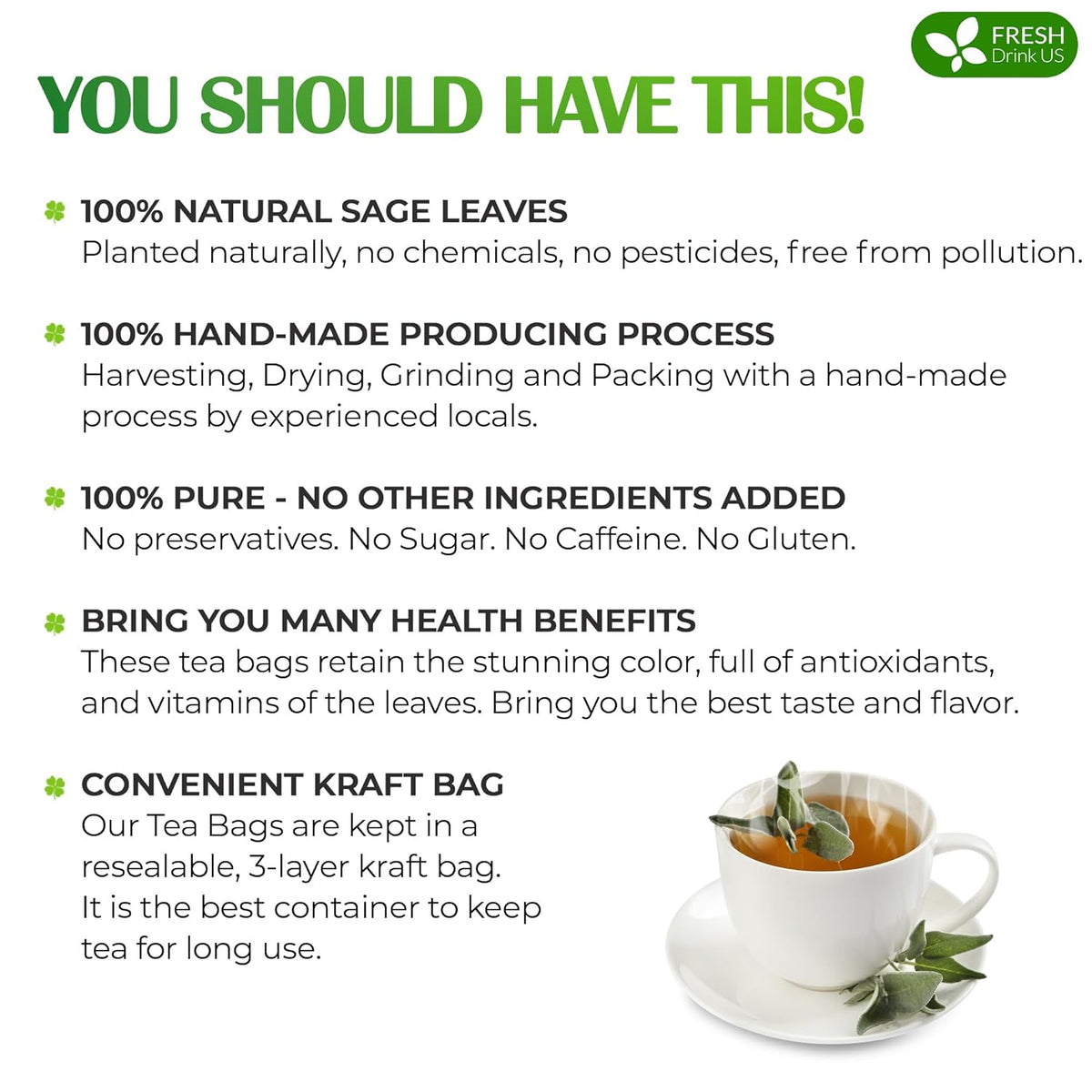 FreshDrinkUS Premium 135 Sage Leaf Tea Bags, 100% Natural & Pure. Loose Leaf Sage Herbal Tea. Made with Natural Material Tea Bags. No Sugar, No Caffeine, No Gluten, Vegan