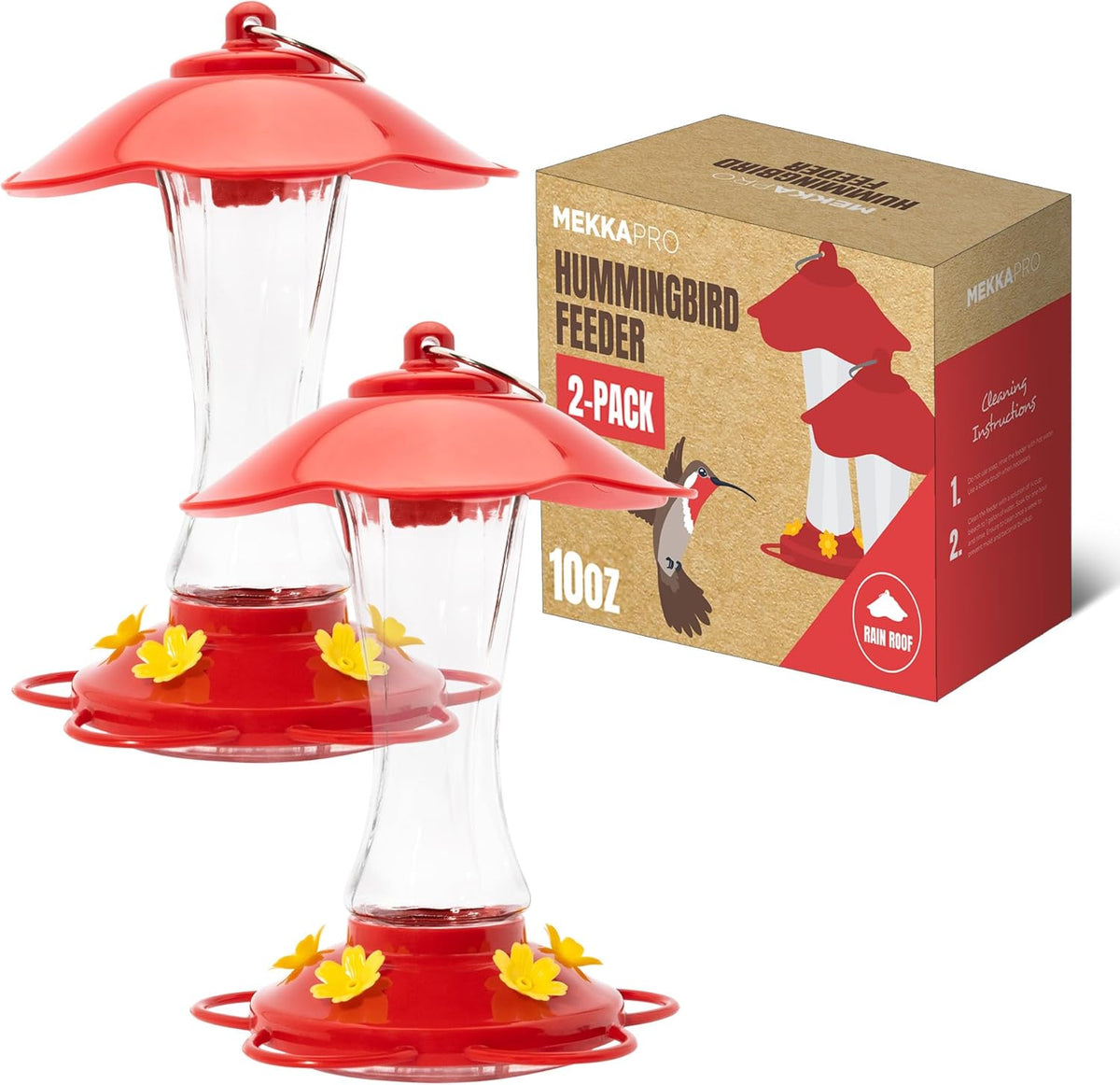 MEKKAPRO Hummingbird Feeders for Outdoors Glass - Red Hummingbird Feeders for Outdoors, Metal Ring, Bee-Proof Design, Easy Assembly, Red Hummingbird Feeder 10 oz (2-Pack)