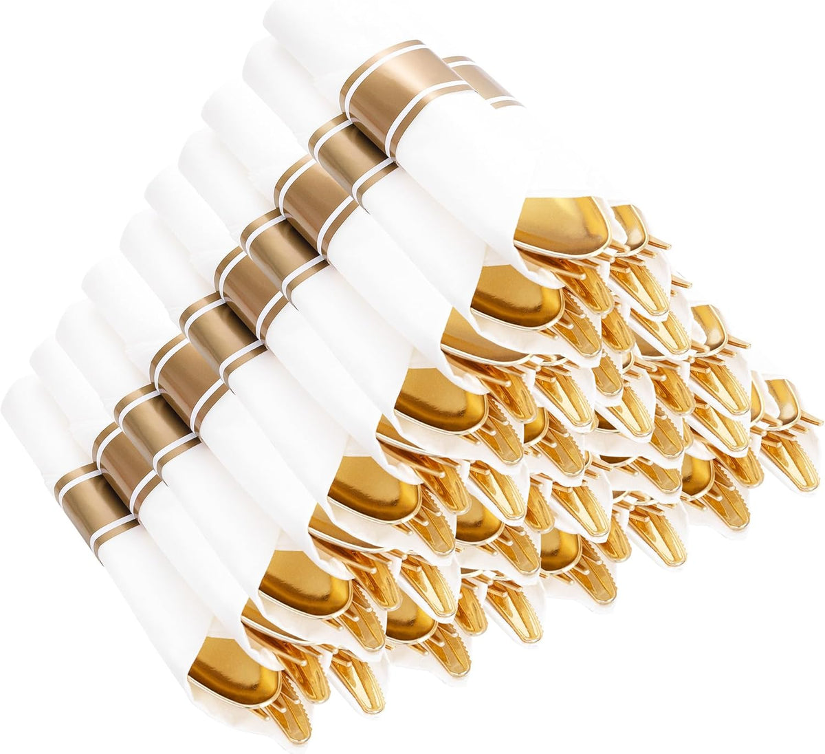 400PCS Pre Rolled Gold Plastic Silverware Sets - Heavy Duty Fancy Gold Cutlery - Include 100 Pack Wrapped Disposable Utensils with Napkins for Parties, Dinners & Weddings
