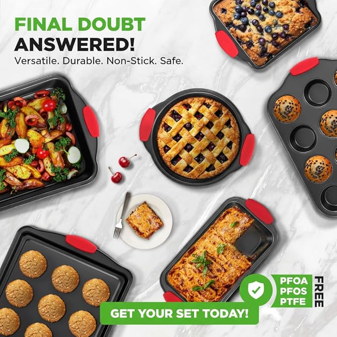 NutriChef Baking Pans Set - 6 Piece Bakeware with Nonstick Carbon Steel for Easy Release and Cleanup, Durable and Versatile Design, Includes Cookie Sheet, Loaf Pan, Muffin Tin & More