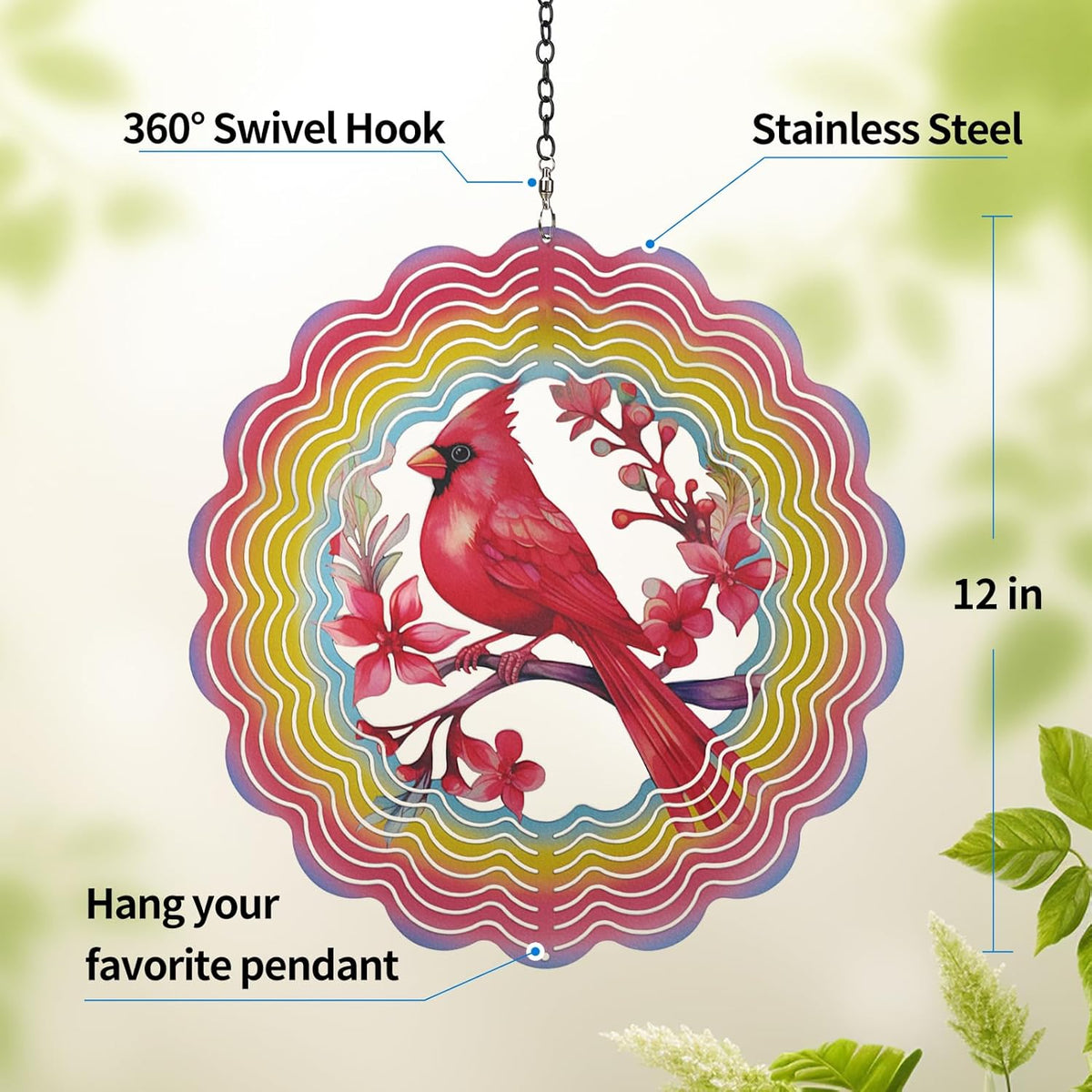 Wind Spinners Outdoor Cardinal Bird - Birthday Gifts for Women Mom Grandma, Hanging Wind Sculptures 12 inch 3D Wind Spinner for Garden Decor for Outside, Garden, Patio, Yard, Outdoor
