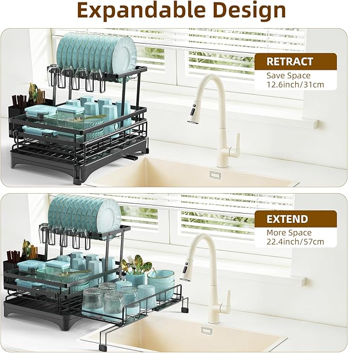 AULEEP 2 Tier Dish Drying Rack, 2-in-1 Expandable Dish Racks for Kitchen Counter, Anti-Rust Large Drainers for Kitchen Sink with Drying Mat, Cups Holder, Utensil Holder
