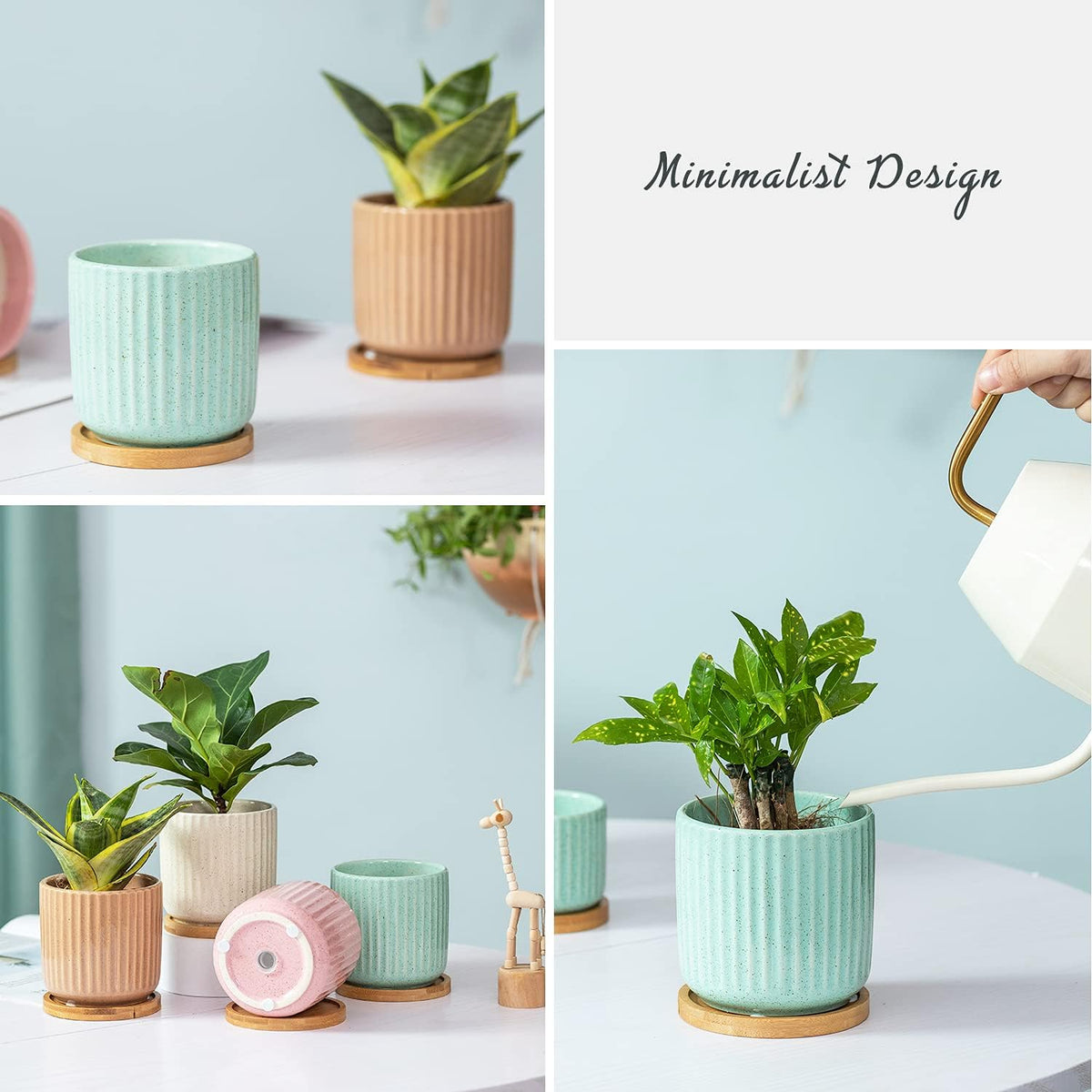 TAMAYKIM 4 Inch Cylinder Ceramic Boho Plant Pots with Drainage Hole and Saucer, Glazed Multicolor Flower Pots for Succulent, Snake Plant, Cactus and Herbs, Set of 4 (Plant Not Included)