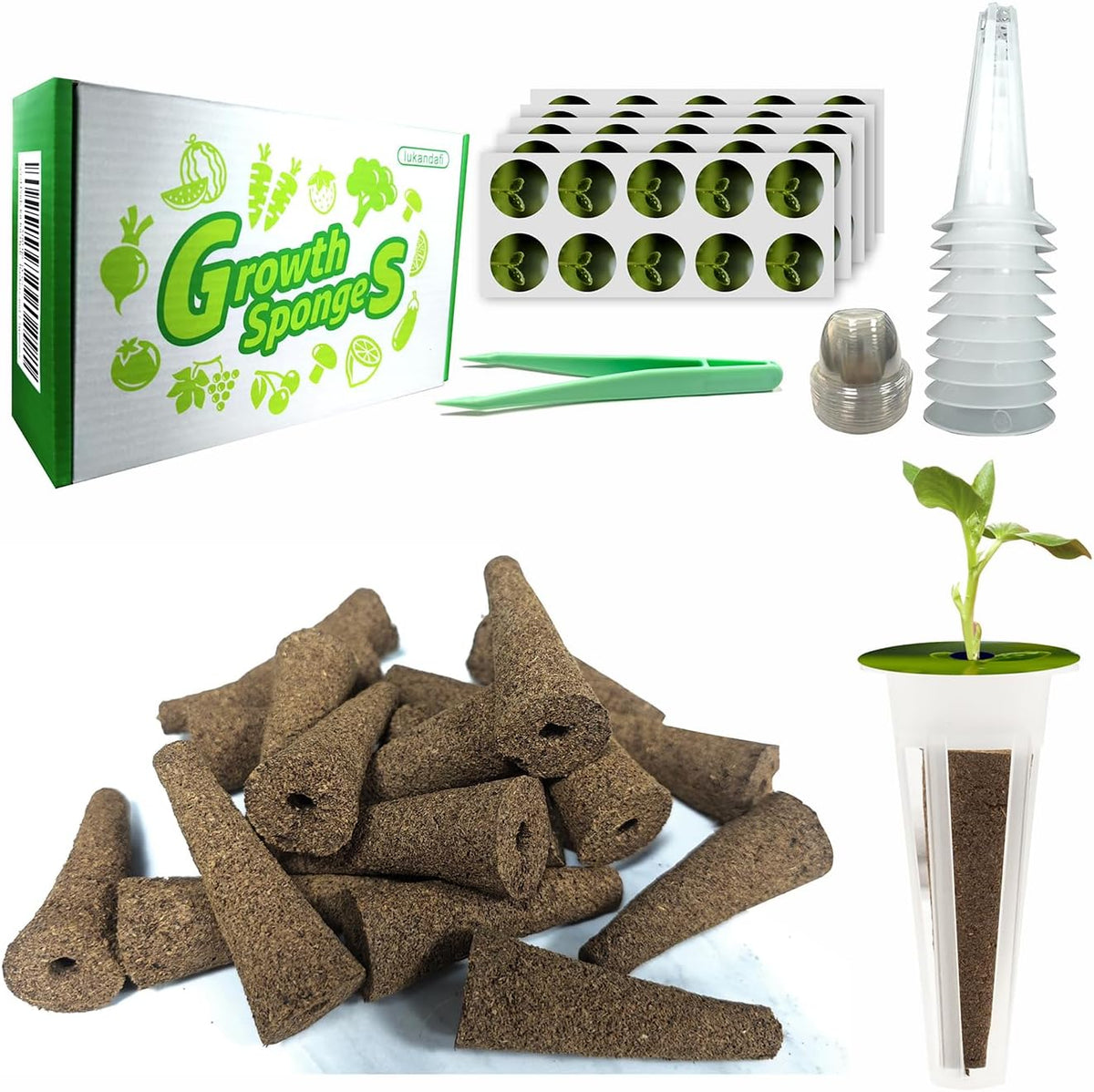 Seed Pods Kit for Hydroponics System, Includes 50 Grow Sponges, 50 Labels, 10 Grow Domes, 10 Grow Baskets and 1 Tweezers
