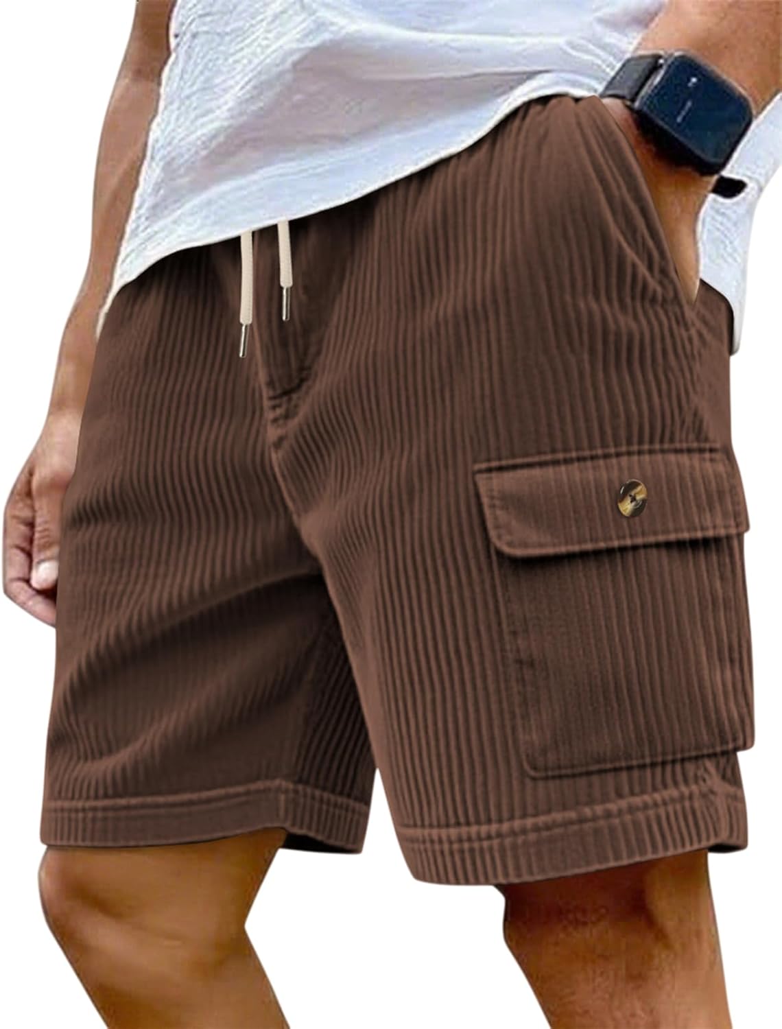 Mens Cargo Shorts Casual Drawstring Elastic Waist Corduroy Summer Beach Shorts with Pockets