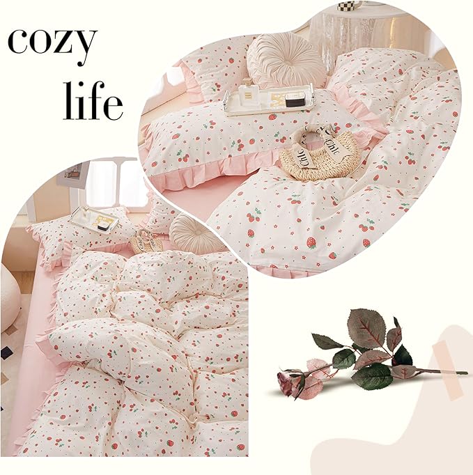 Kawaii Strawberry Comforter Set Queen Girls Ruffle Comforter Set 3 Pieces Floral Bedding Comforter Fluffy Soft Microfiber Fruit Strawberry Bedding Set Romantic Ruffled Comforter with 2 Pillowcases