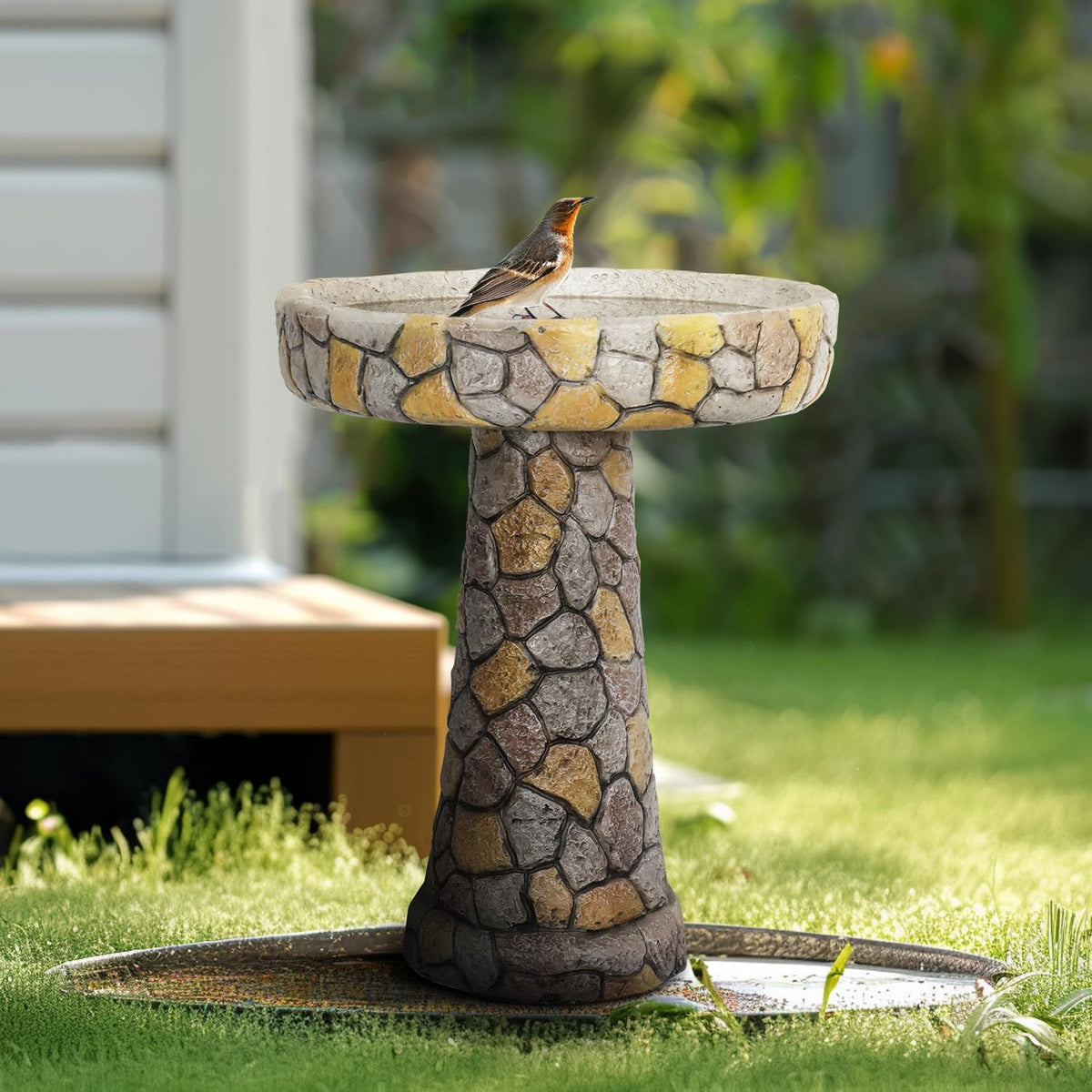 Outdoor Bird Bath - 24" H * 18.8" Φ Mosaic Stone Design BirdBath Perfect for Adding Interest to Your Garden, Patio, Backyard, Porch