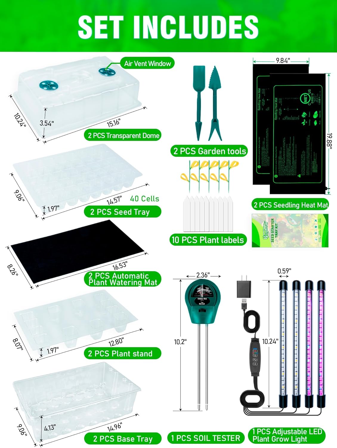 Self-Watering Seed Starter Tray with Grow Light and Heat Mat, 80-Cell Plant Starter Trays Seed Starter Kit, Seed Starter Tray for Seed Starting, Plant Germination & Seedling Growing, 2 Pack