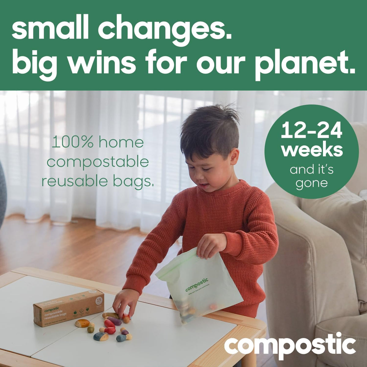 Home Compostable Resealable Snack Bags (6"x 3.5"), Microwave & Freezer Safe, Organic Food Storage Container, 30 Count (Pack of 2)