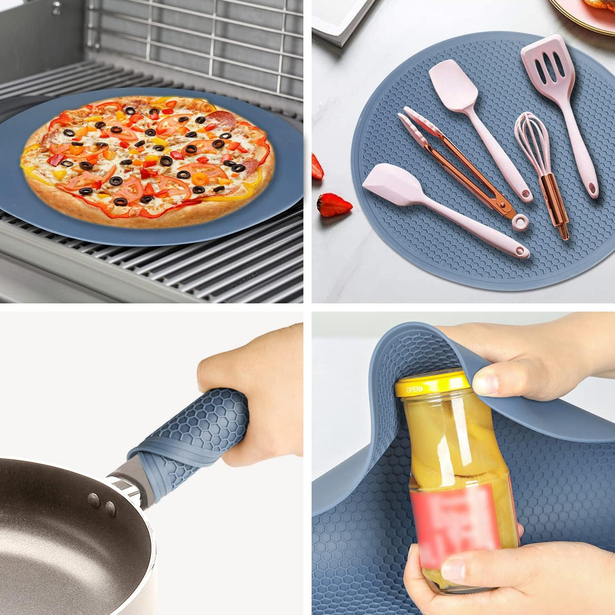Extra Large Silicone Microwave Mat & Food Cover- Mat as Bowl Holder, Cover for Splatter Guard, Multi-Use Silicone Trivet Pot Holders, Drying Mat for Kitchen Counter, 12"Heat Resistant Mat, Blue 2Pack