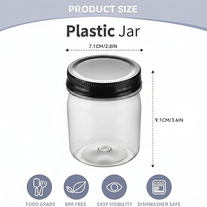 novelinks 8 oz Clear Plastic Jars with Airtight Lids, 8 Pack Plastic Mason Jars with Lids 8oz, Refillable Storage Slime Containers & Small Spice Jar for Kitchen Organization (8 Pack,Black)