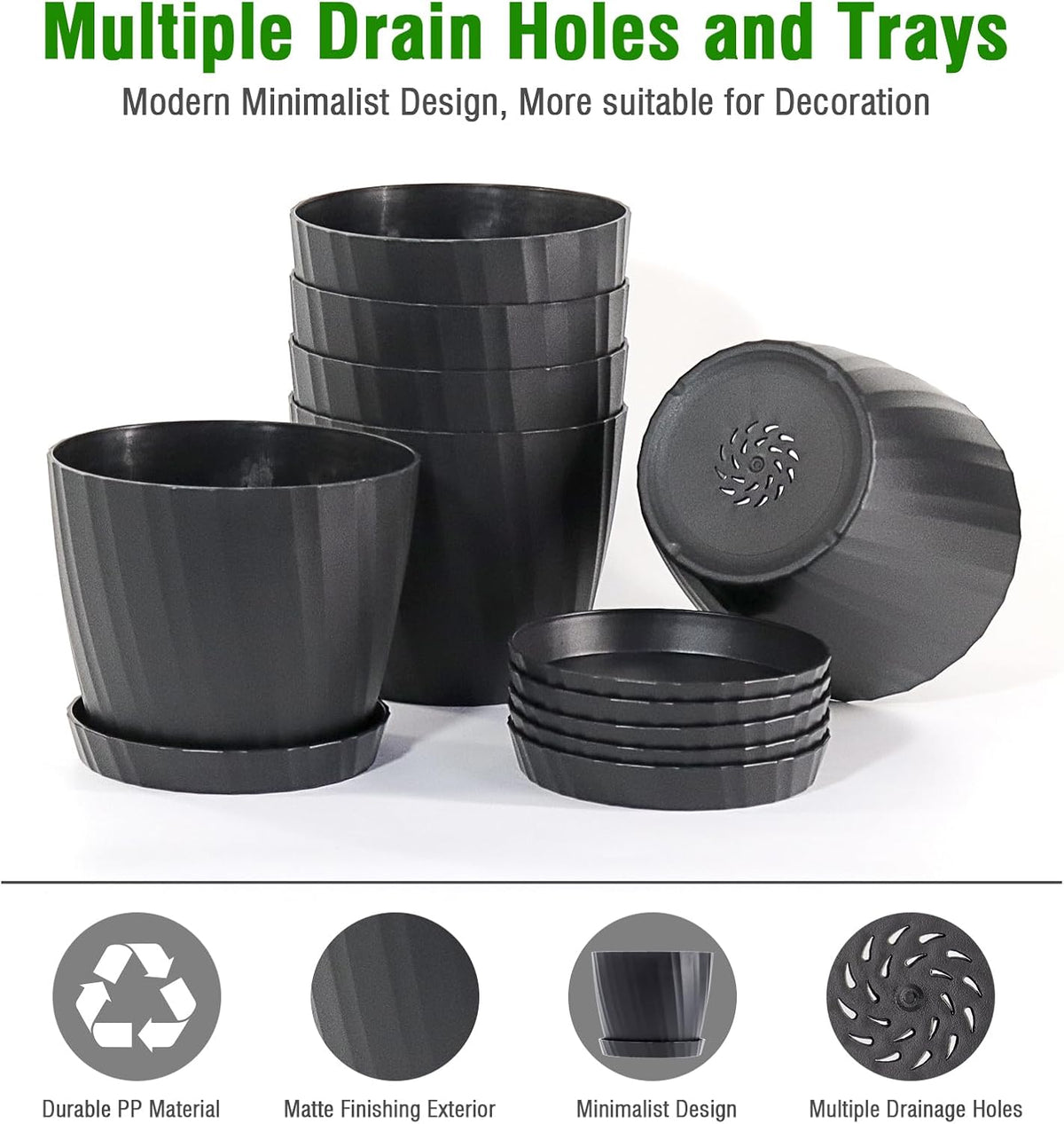 6 Inch Plant Pots Bulk, 6 Pack Plastic Planters with Drainage Holes and Saucers for Indoor Outdoor House Plants and Flowers, Black