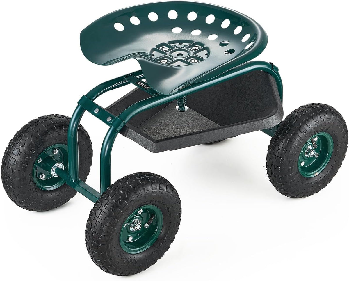 VEVOR Rolling Garden Cart with Swivel Seat, Heavy Duty Garden Seat with Storage Basket & Tool Tray, 300 lbs Weight Capacity, Outdoor Utility Gardening Stool Scooter for Lawn Yard Planting Weeding