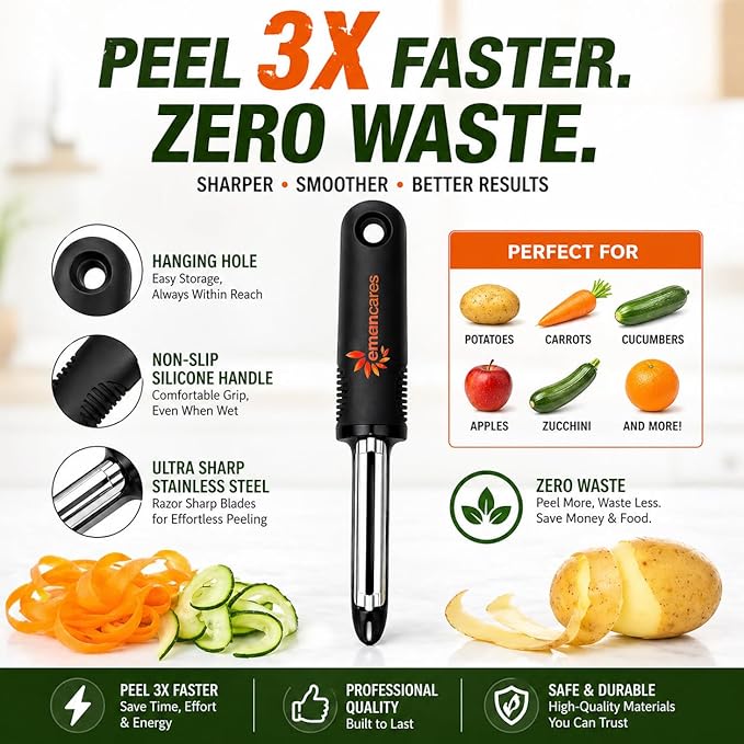 Peel 3X Faster Vegetable Peeler Set (3-Piece) – Ultra-Sharp Stainless Steel Y Peeler, Julienne & Swivel Peeler – Non-Slip Ergonomic Handle for Potatoes, Carrots, Apples