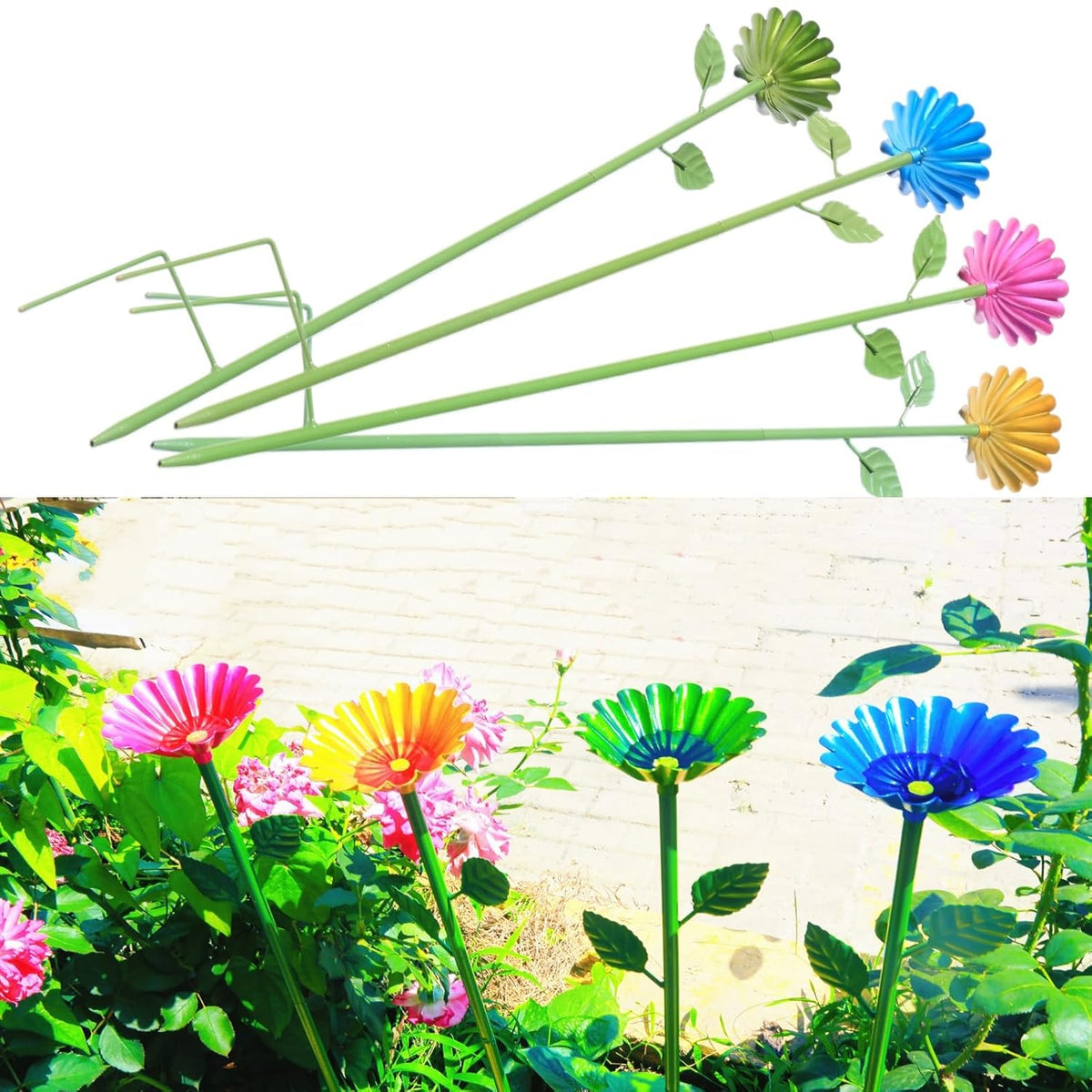 4-Pack Bee Watering Station | Flower-Design Metal Cups | Colorful Garden Decor (Red, Green, Blue, Yellow) | Easy Install | Durable | Bee/Butterfly Feeder & Bath