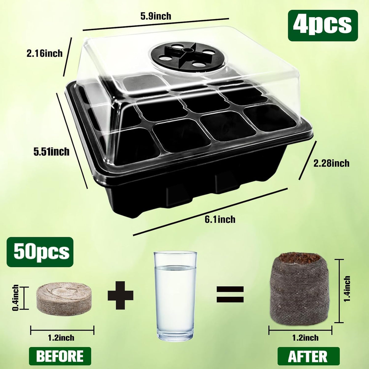 Halatool 4 Pack Seed Starter Tray with 50 PCS Peat Pellets, 48 Cells Black Seeding Starter Trays for Organic Seed Starter Soil Pods for Planting Vegetables Plants Flowers - Starting Seeds Kit