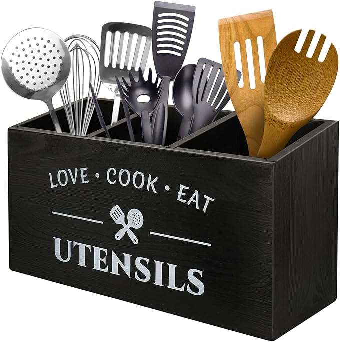 MINCORD Kitchen Utensil Holder with 3 Compartments, Rustic Wooden Storage Organizer Box Vintage Cutlery Farmhouse Flatware Utensil Caddy Countertop for Silverware Fork Spoon Spatula