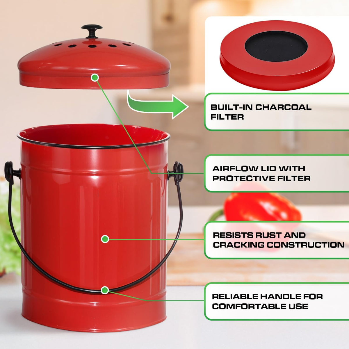 Plexon Countertop Compost Bin Kitchen with Lid, Red 1.5 Gallon Odorless Compost Container, Steel Food Compost Bucket for Kitchen with Charcoal Filter, Pail for Countertop