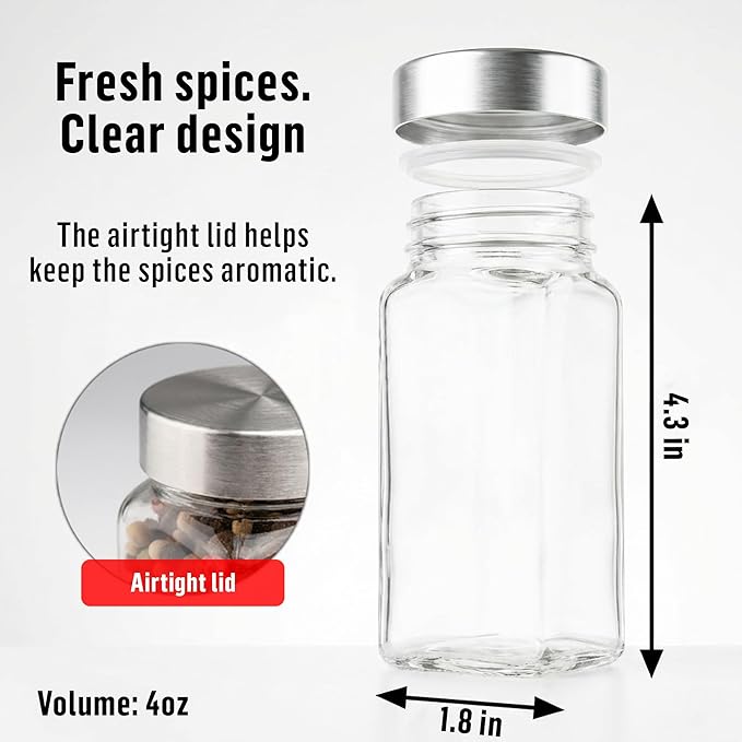 Deco haus Glass Spice Jars with Label 36x4oz [WHITE LABELS incl] Spice Containers with Labels, Shaker Lids & Funnel - Empty Herb Seasoning Containers, Small Seasoning Bottles for Herb with Lid