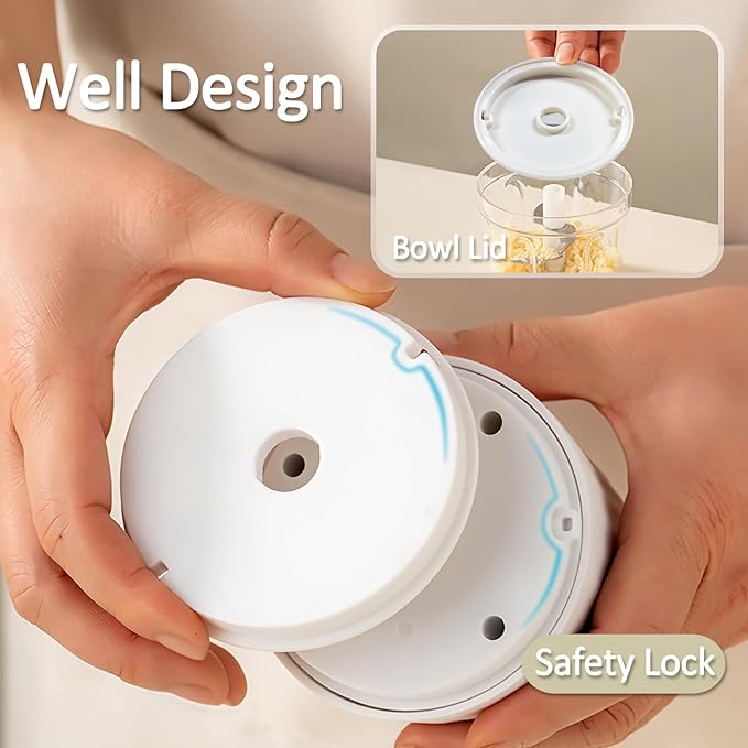 Mini Food Chopper Cordless, 400ml Small Food Processor 1.6Cup, Battery USB-C Rechargeable Electric Garlic Chopper Wireless, Portable Meat Grinder Mincer Veggie Blender Kitchen Mixer w/ 6 Blades, White