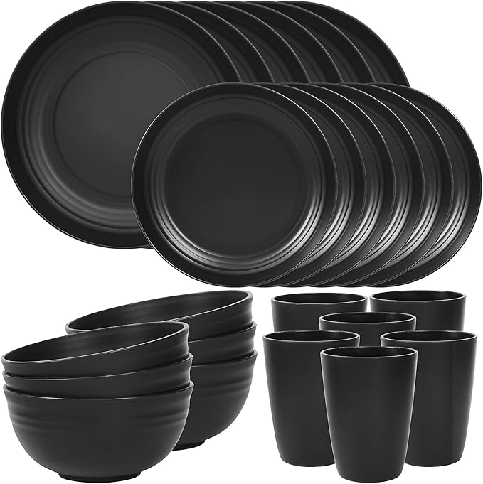 Quatish 24 Piece Plates and Bowls Sets for 6, Unbreakable Dinnerware Sets, Dish Set for Camping, Dishwasher Microwave Safe, Outdoor Kitchen and Apartment Dinning RV Essentials, Black