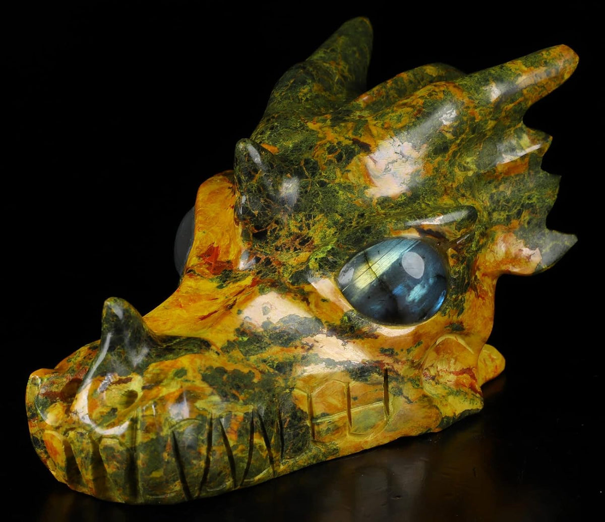Skullis 5.1" Orpiment Carved Crystal Dragon Skull with Labradorite Eyes. Z8