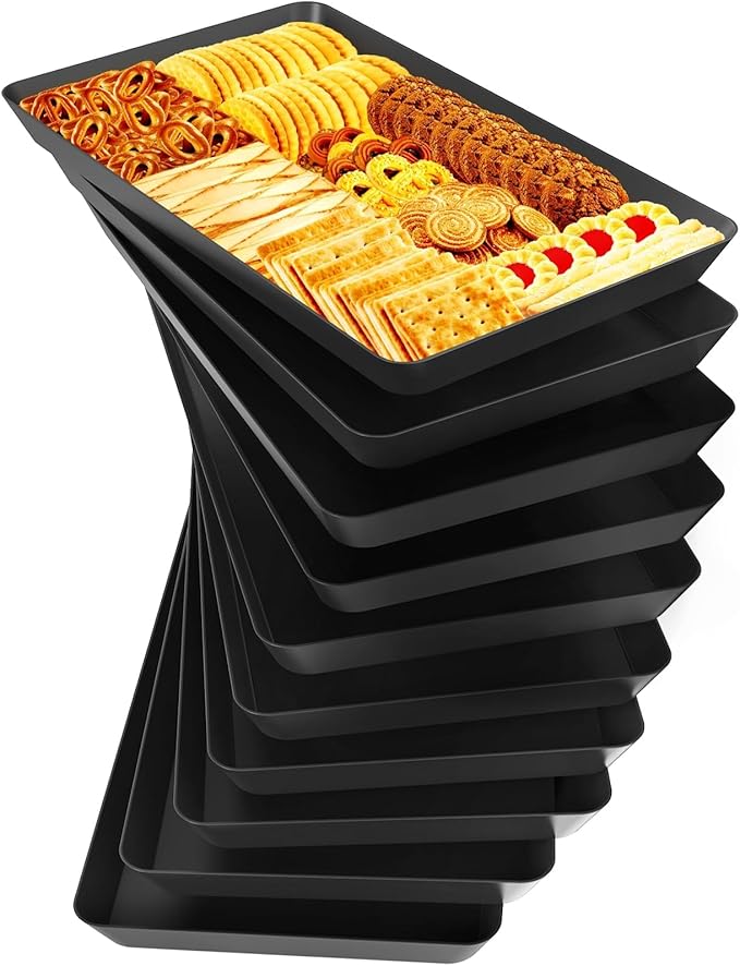WOWBOX 10 pcs Serving Tray for Entertaining, Serving Platters for Snacks, Fruit, Cookies, Dessert, Reusable Plastic Trays for Serving Food and Pantry Organization in Kitchen & for Parties, (Black)