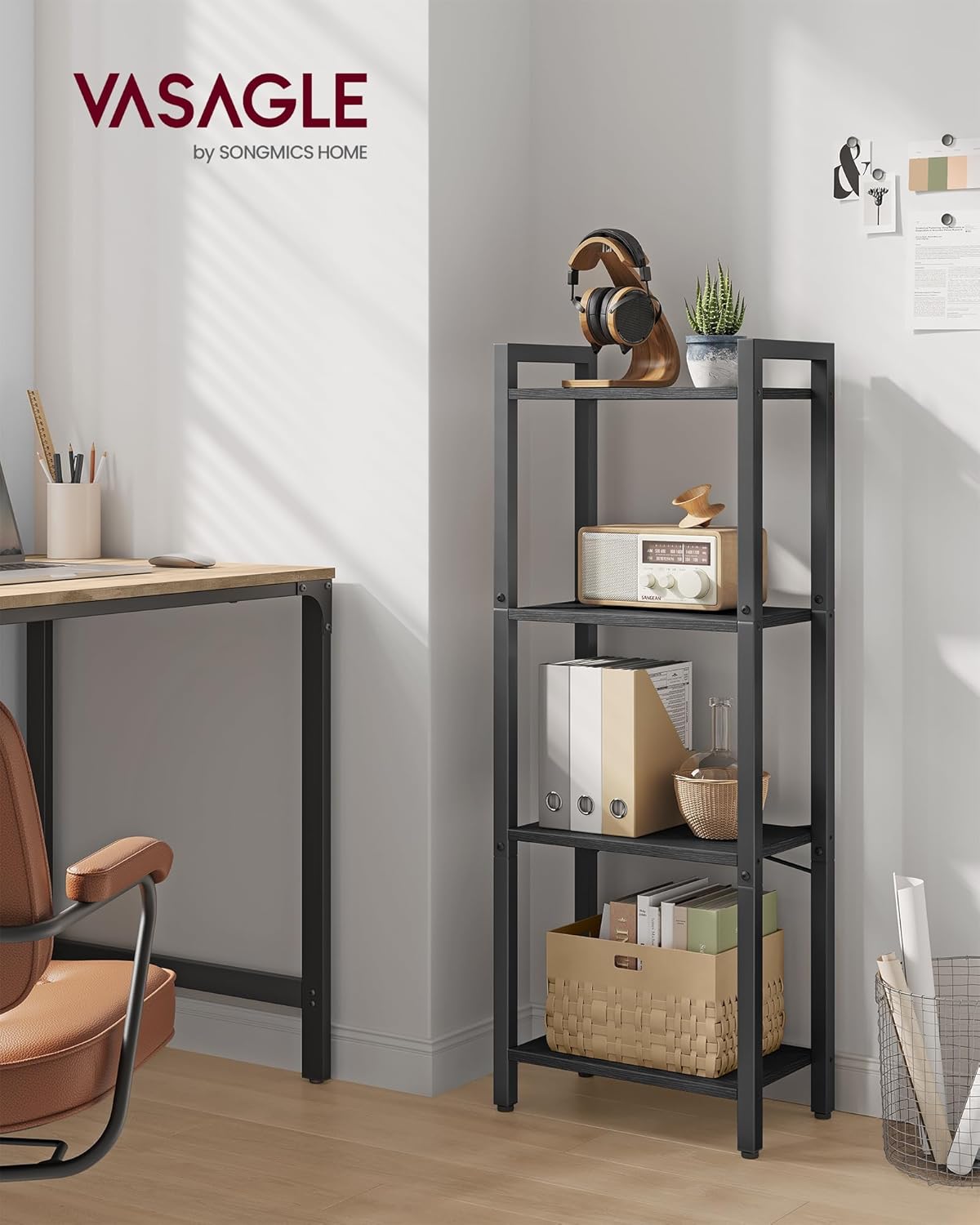 VASAGLE 4-Tier Bookshelf, Bookcase with Steel Frame, Book Shelf for Living Room, Home Office, Study, 9.4 x 15.7 x 42 Inches, Industrial Style, Ebony Black and Ink Black ULLS099B56