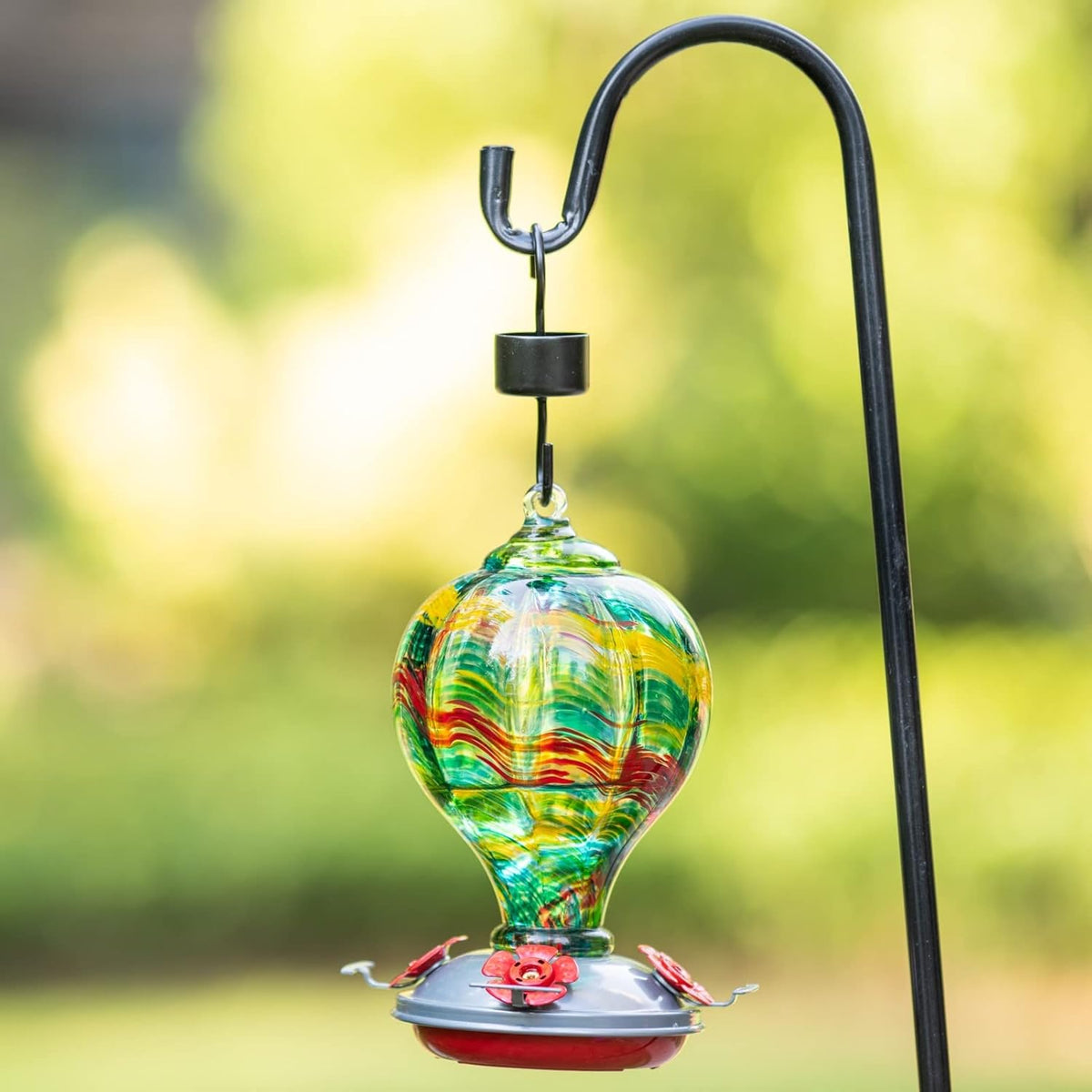 Muse Garden Hummingbird Feeders Blown Glass Hummingbird Feeder, Garden Backyard Decor for Outside, 32OZ, Rainbow Spirit