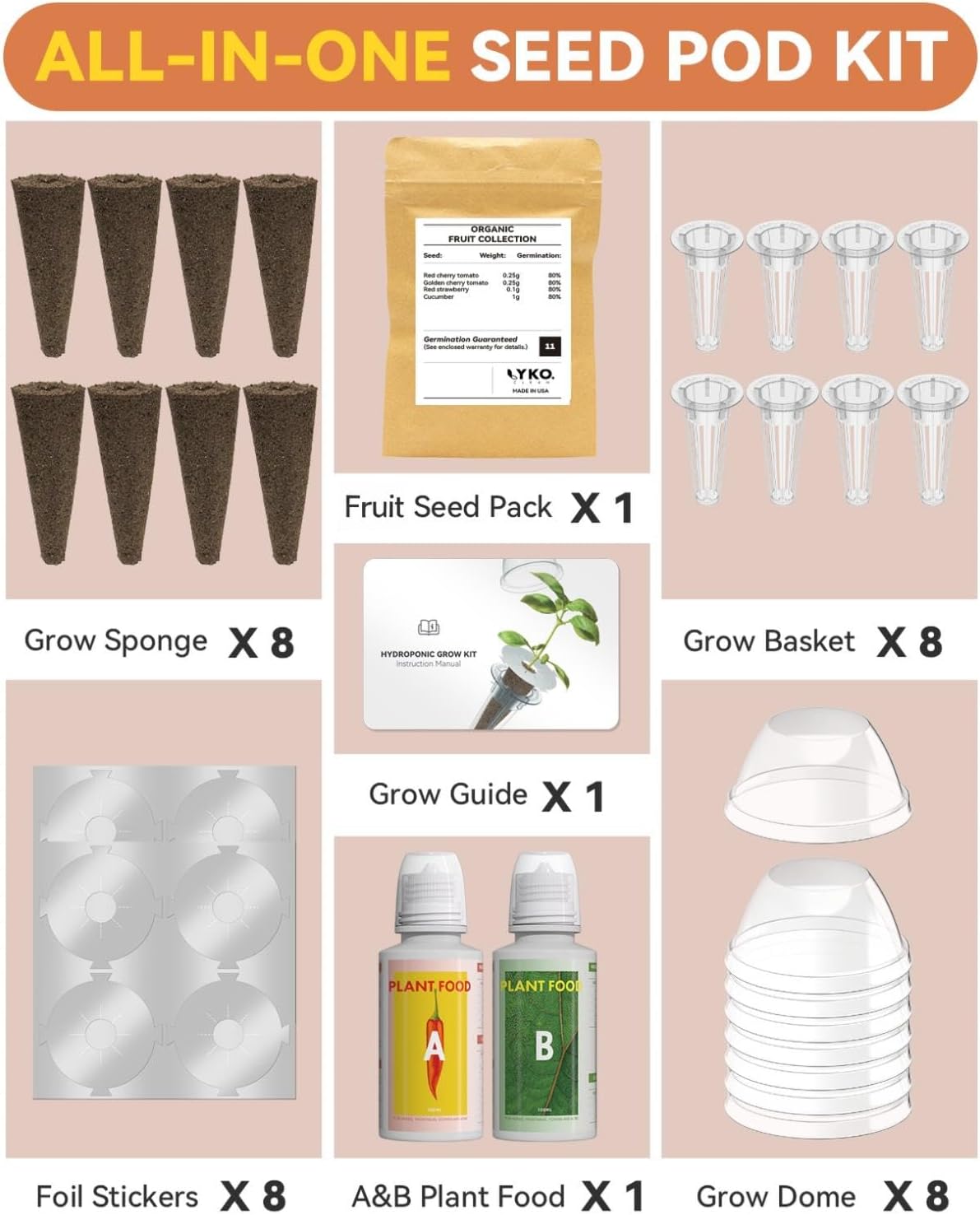 Fruits Seed Pod Kit for AeroGarden, Ahopegarden, iDoo, GARDENCUBE, MUFGA with Strawberry, Cucumber, Red/Golden Cherry Tomato, Compatible with All Indoor Hydroponics Growing System, 8-Pod