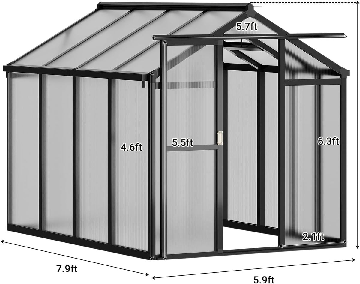 6 x 8 FT Greenhouse, Greenhouses for Outside, Polycarbonate Greenhouse with Aluminum Frame, Lockable Door and Ajustable Roof Vent for Backyard, Green Houses for Outside Garden Backyard, Patio
