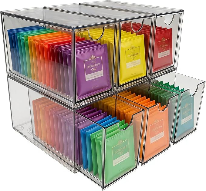 6-Pack Tea Bag Drawers Organizer – Clear Plastic Tea Bag Holder, Stackable & Portable, Wide Storage Drawers for Cabinet, Pantry, Kitchen Counter, Herbal Tea, Coffee Pods (6-Tier)
