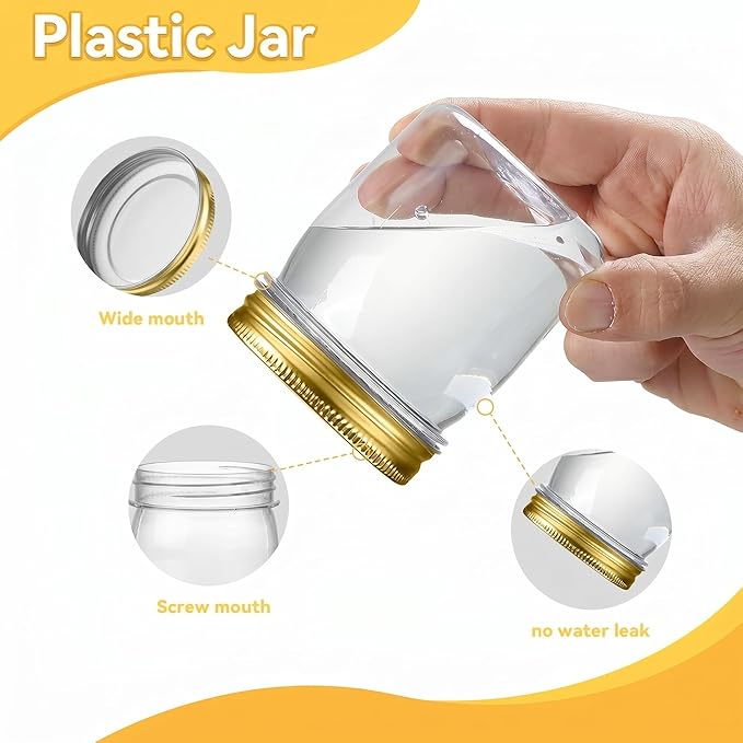 novelinks 8 oz Clear Plastic Jars with Airtight Lids, 24 Pack Plastic Mason Jars with Lids 8oz, Refillable Storage Slime Containers & Small Spice Jar for Kitchen Organization (24 Pack,Gold)