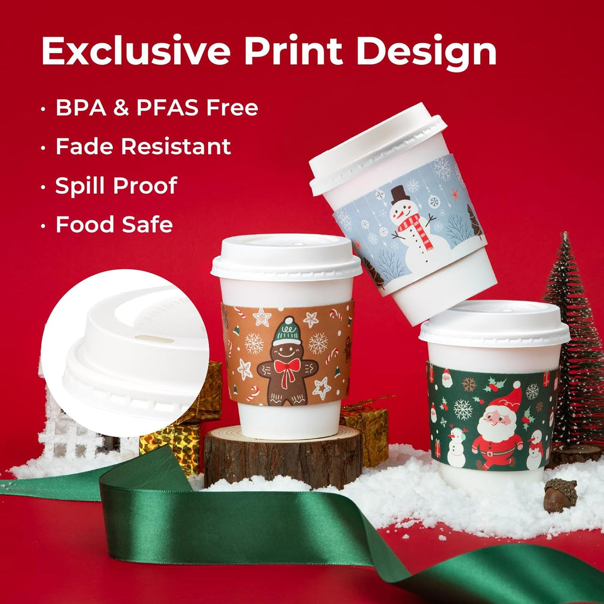 Fit Meal Prep 50 Pack 16 oz Christmas Disposable Coffee Cups with Lids, Sleeves, Leak-Proof To Go Coffee Cups with Lids, Durable Holiday Hot Paper Cups for Home, Office, Party, Business