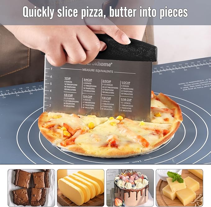 Silicone Baking Pastry Mat with Dough Cutter, Ourokhome Extra Thick Kneading Rolling mat with Measurement and Conversion Ourokhome Stainless Steel Pizza Cutter for Kitchen Baking
