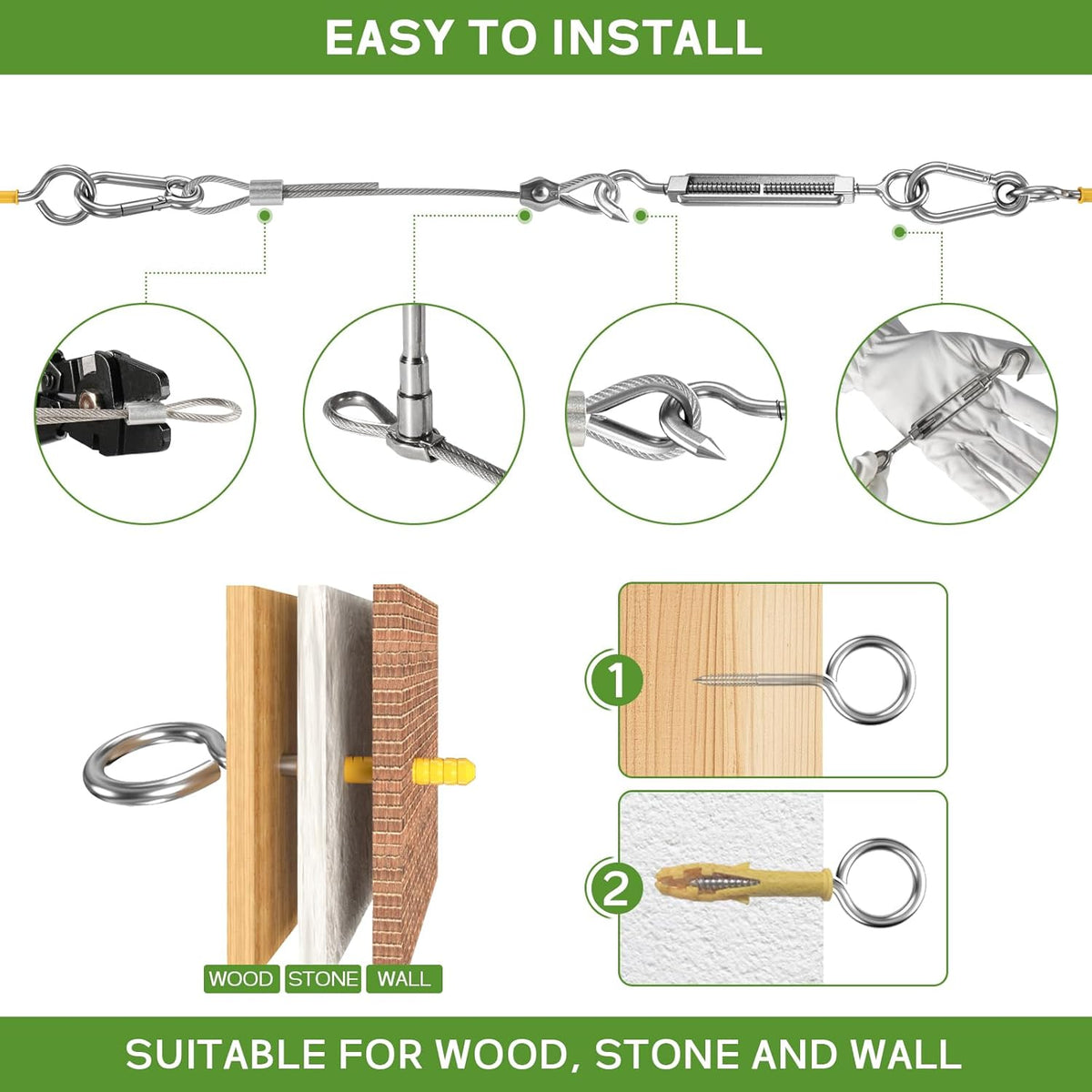 1/8" Wire Rope Kit, 200FT Steel Wire Cable, Vinyl Coated Stainless Steel Cable with Turnbuckles for Outdoor, Garden, Kitchen and Craft Projects