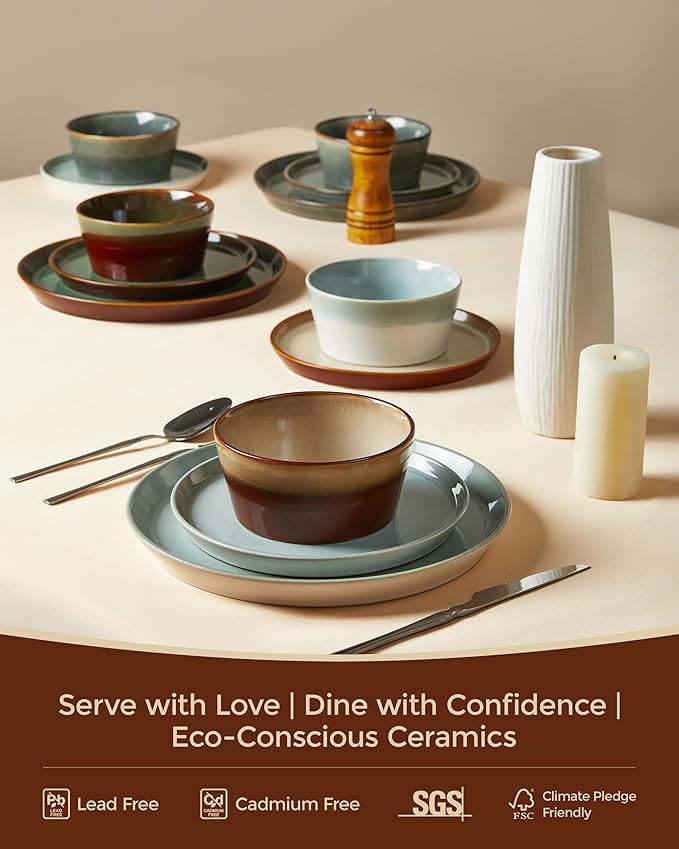 Pokini Dinnerware Set for 8, Ceramic Dish Sets, Plate and Bowl Set, Microwave & Dishwasher Safe Dishware Set, Chip & Scratch Resistant Dinner Set, One-of-a-Kind Design, Amber Brown
