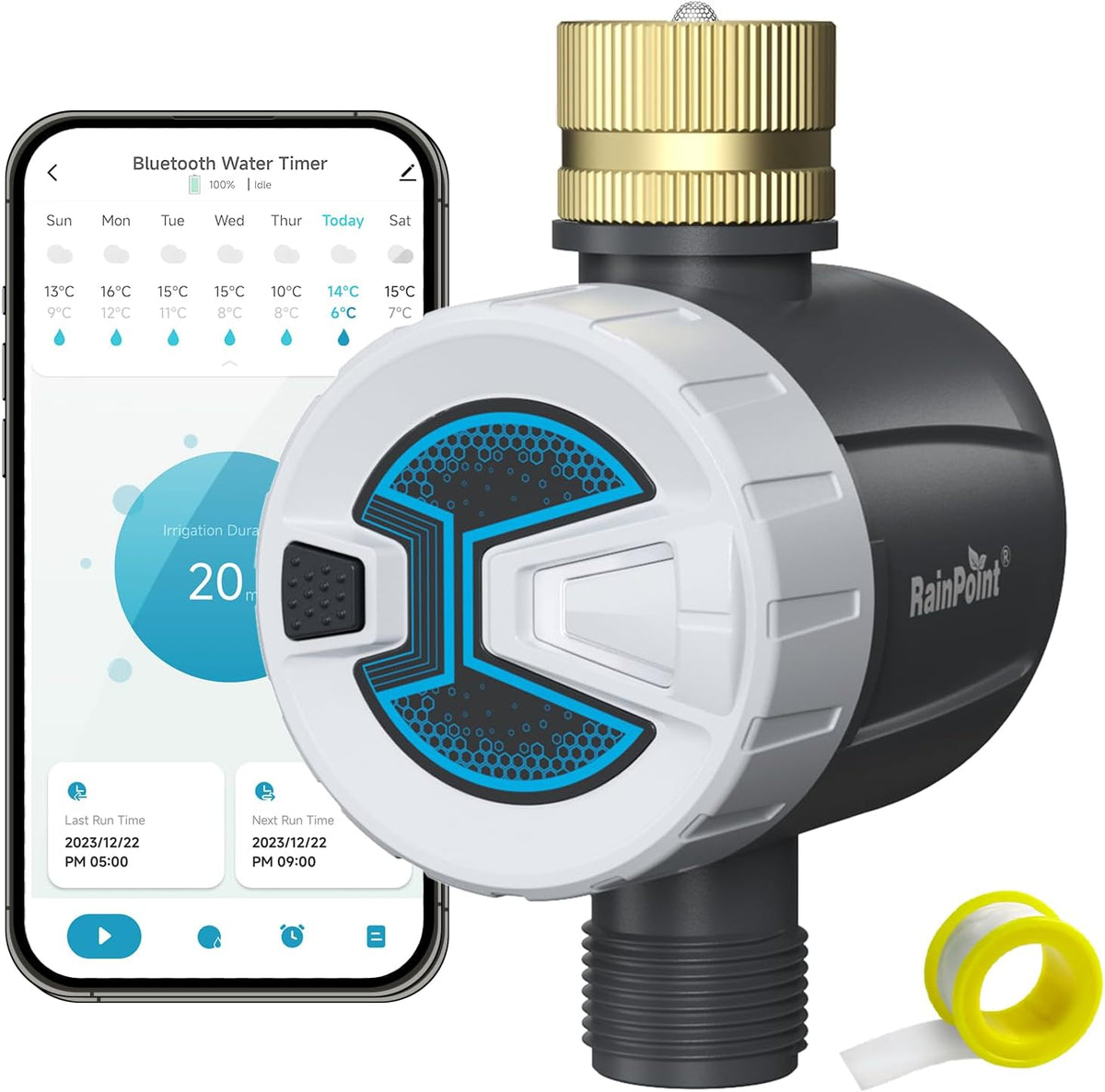 RAINPOINT Bluetooth Hose Timer with Brass Inlet,Smart Water Timer for Garden Hose with Rain Delay/Manual/Auto Watering, App Control