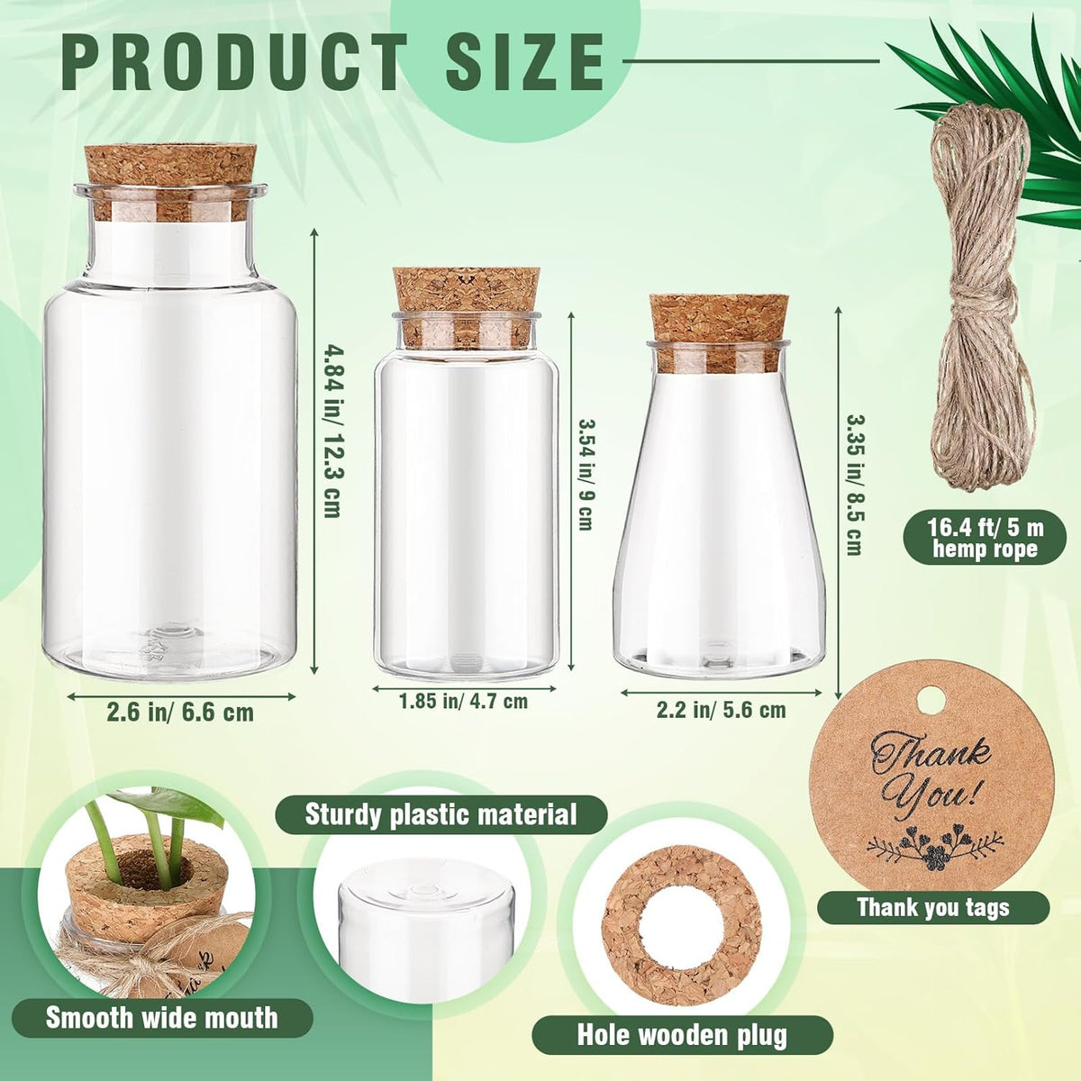 Baderke 24 Pack 3.35'' Plastic Plant Propagation Stations with Hole Lid Planter Vase Clear Propagation Jars with Thank You Tags for Plant Lover Gifts for Women Office Home Garden (Cute)