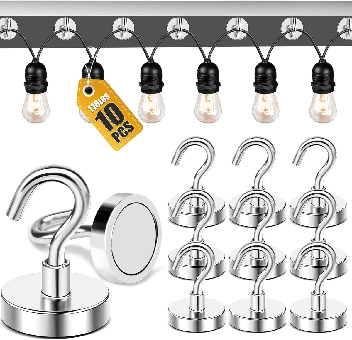 DIYMAG Outdoor Hooks for Hanging String Lights, Magnetic Hooks Strong 118lbs+ Hanging Party Light Wall Cable 2025 Cruise Cabin Ship Essentials Heavy Duty Strong Magnets for Outside Grill 10PCS