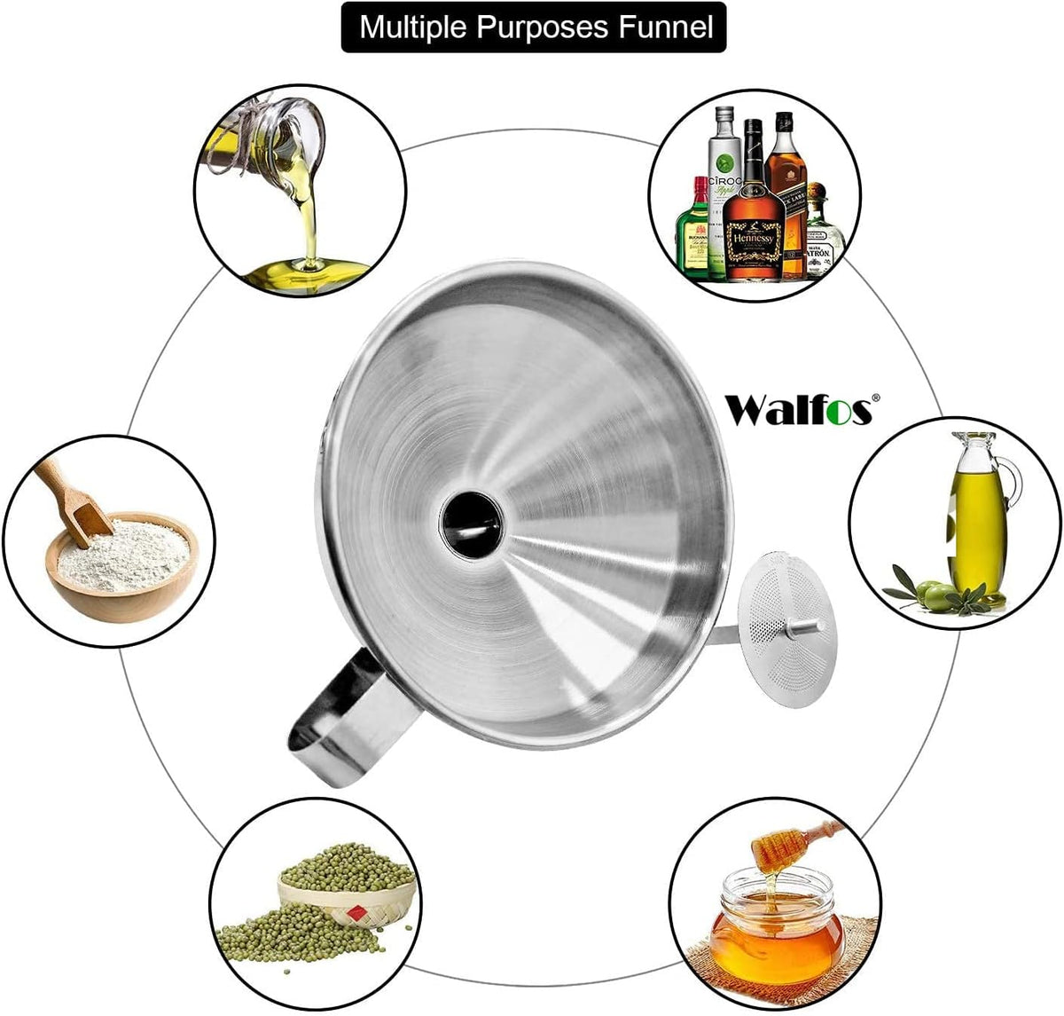 Stainless Steel Funnel, Walfos 3 Pack Kitchen Funnel with 2 Removable Strainer ＆ 1Pcs Cleaning Brush, Perfect for Transferring of Liquid, Oils, Jam, Dry Ingredients & Powder
