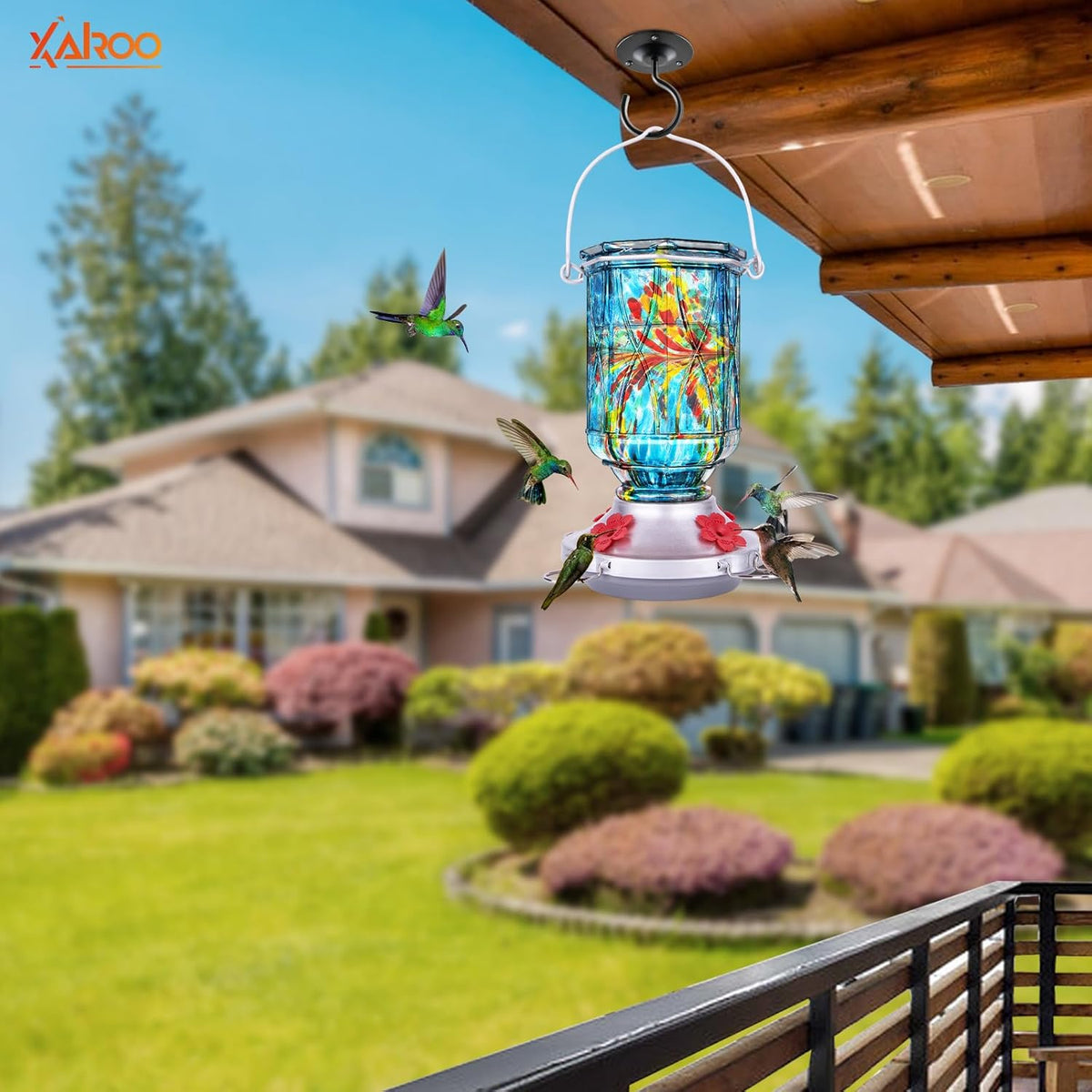Hummingbird Feeders for Outdoors with Ant Moat, Hand Blown Glass Hummingbird Feeder, 4 Feeding Ports with Perch, Outdoor Garden Décor, 15 OZ, Blue, Gifts for Mom Wife Dad Men Women