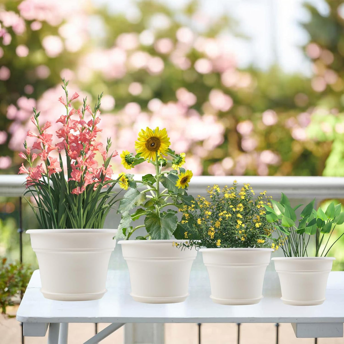 11 Inch Plastic-Flower-Pot-for-Indoor-Plants, 4 Pack Large Outdoor Planter Pot with Drainage Holes & Saucers, Resin Decorative Garden Pots Planters