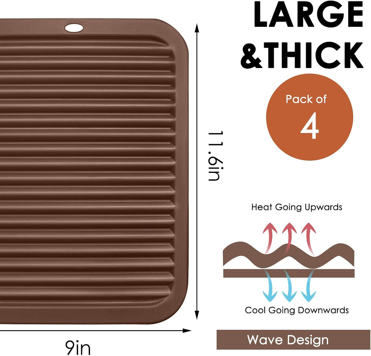 4 Pack Silicone Trivets for Hot Dishes Large 446°F Heat Resistant Pot Holder Hot Pads for Kitchen 9'' x 12' Brown Silicone Trivet Mat for Hot Pots and Pans, Jar Opener, Drying Mat