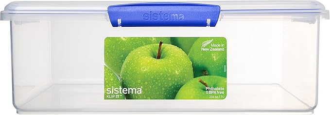 Sistema KLIP IT Food Storage Container, 7 L, Airtight & Stackable, BPA-Free, Clear with Blue Clips