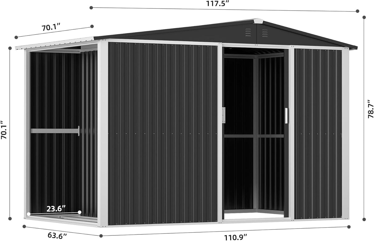 Metal Outdoor Storage Shed 10FT x 6FT with Firewood Storage, Steel Utility Tool Shed Storage House with Sliding Door, Metal Sheds Outdoor Storage for Backyard Garden Patio Lawn, Black